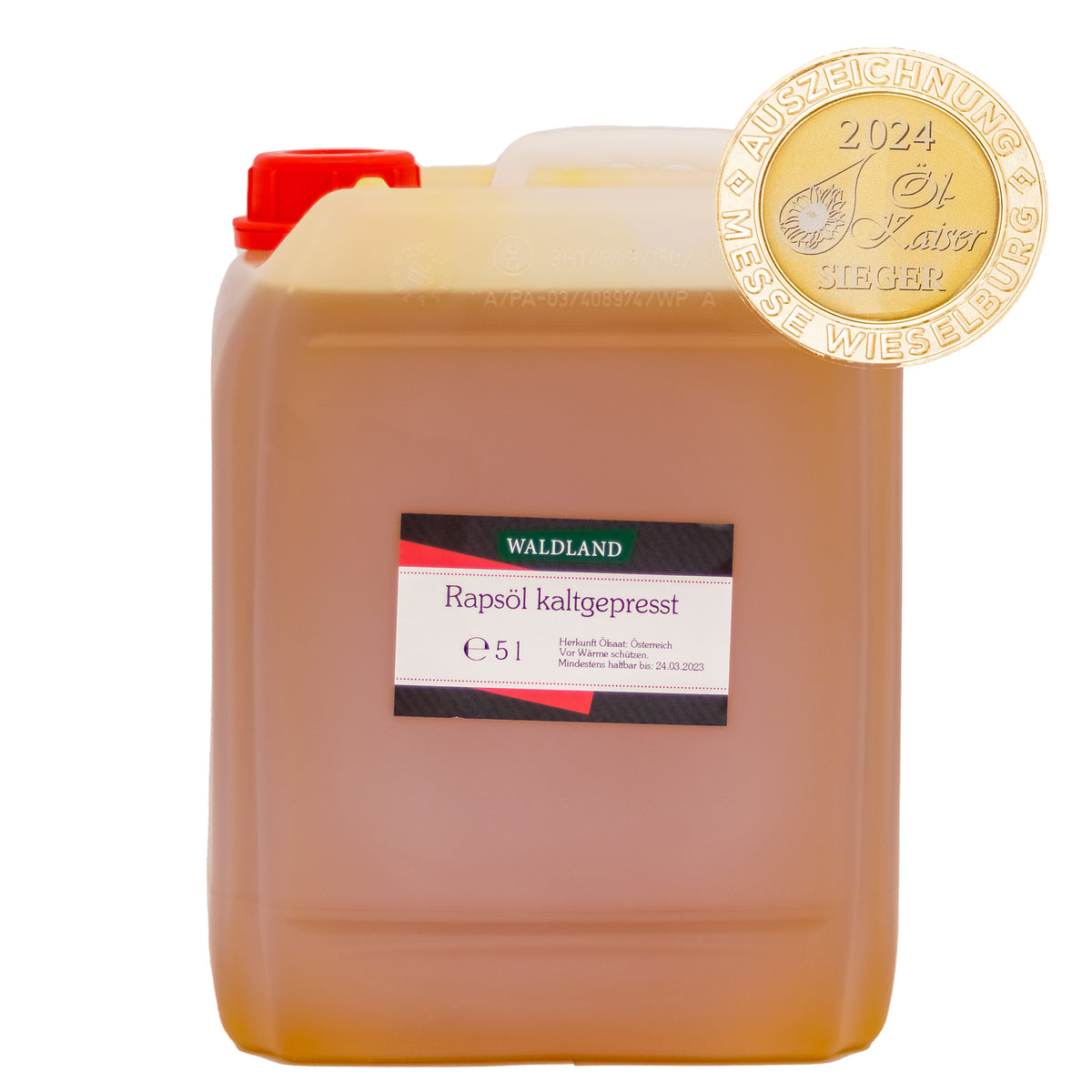 5 Liter Kanister befüllt mit kaltgepresstem Rapsöl. Auf dem Kanister befindet sich ein Produktetikett.
