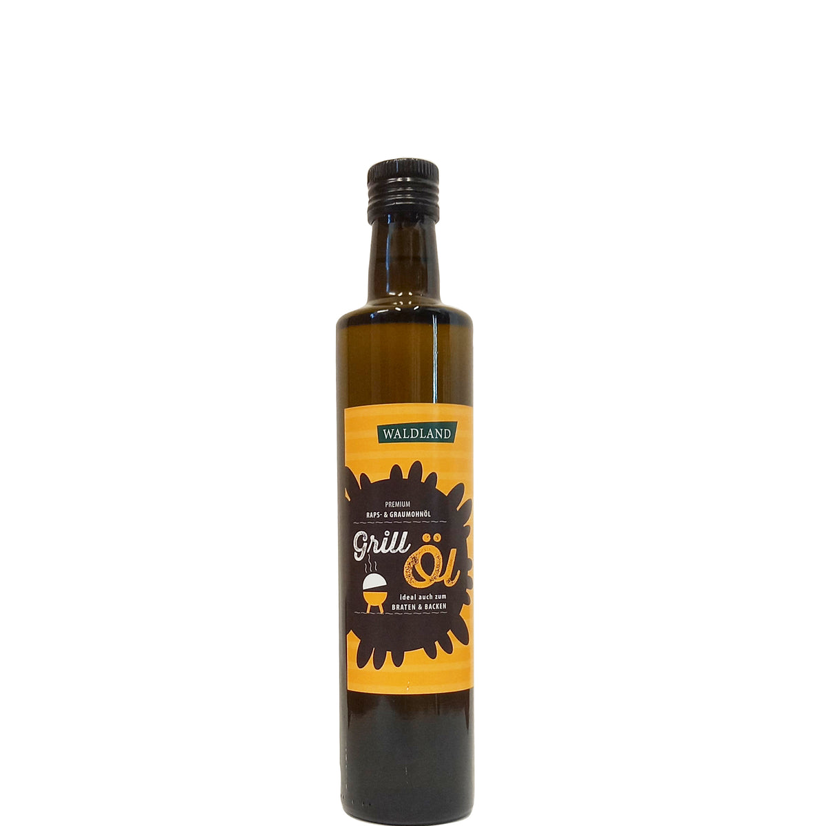 Dunkle Glasflasche befüllt mit Grillöl. Auf der Flasche befindet sich ein Produktetikett.