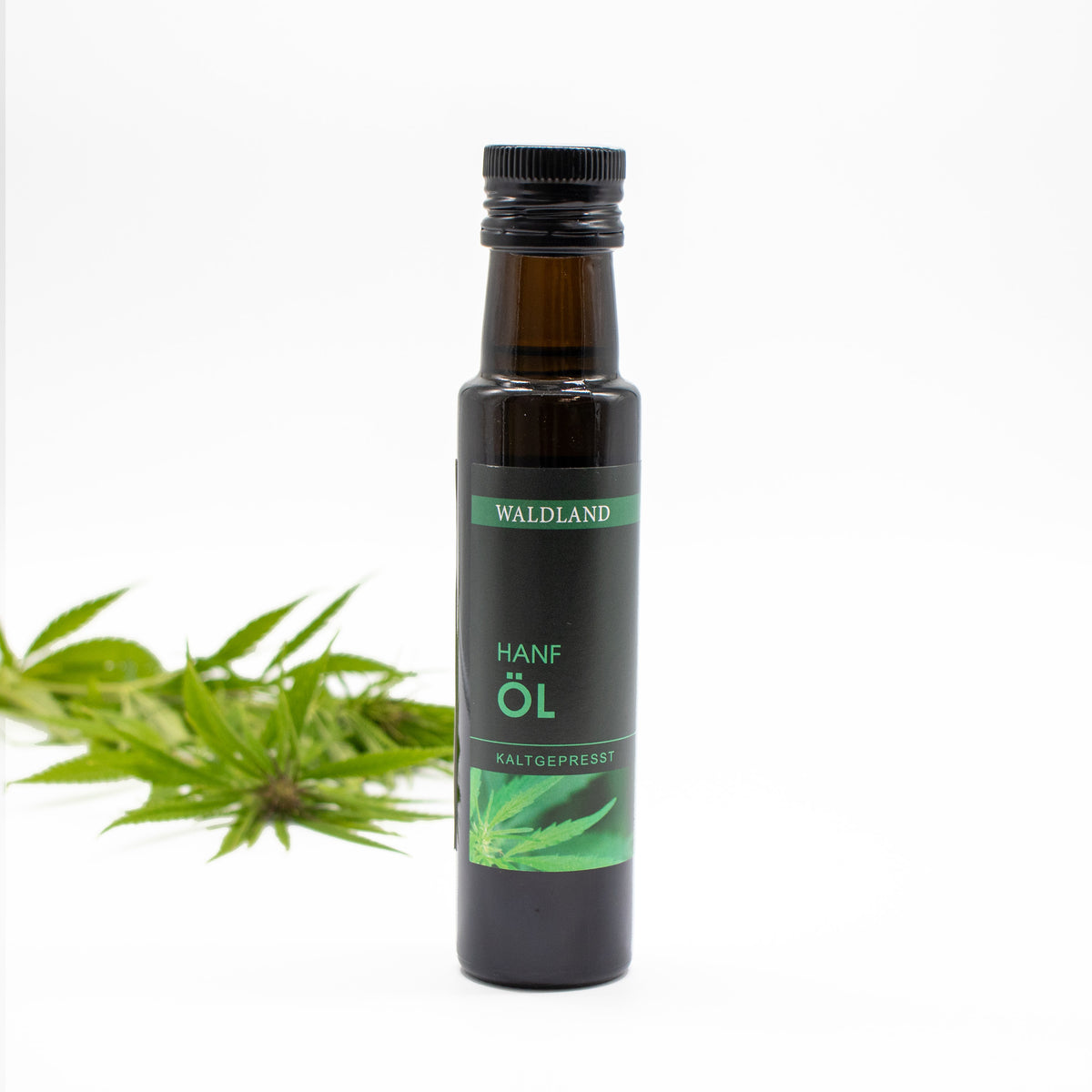 Dunkle Glasflasche befüllt mit kaltgepresstem Hanf Öl. Auf der Flasche befindet sich ein Produktetikett.