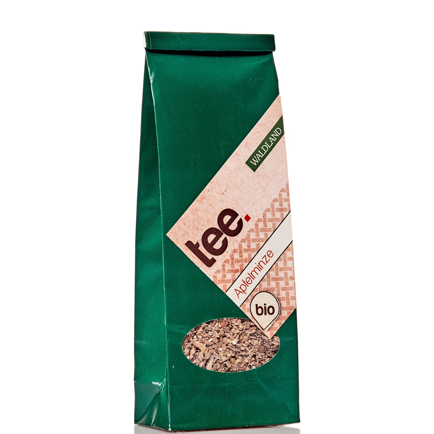 Waldland Apfelminzetee. Kräutertee in grüner Verpackung mit Sichtfenster.
