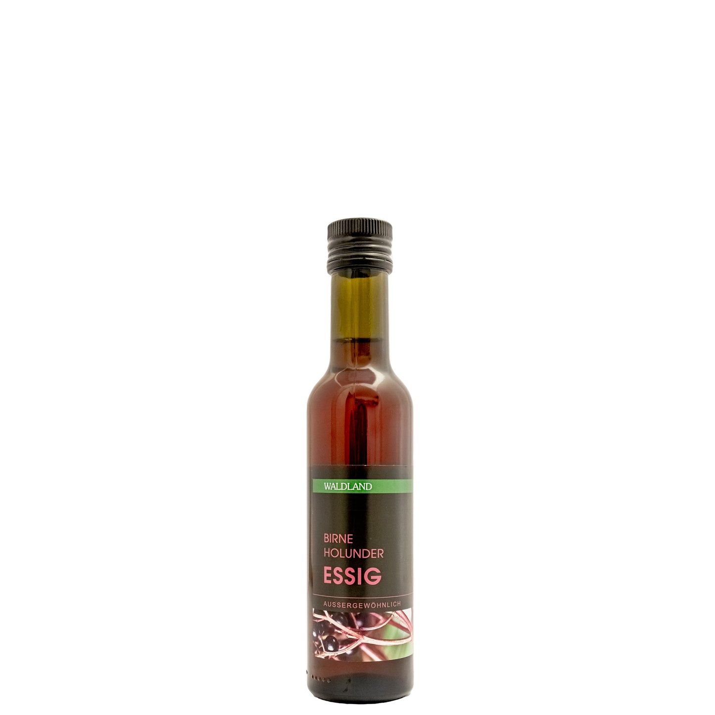 Dunkle Glasflasche befuellt mit Birne-Holunder Essig. Auf der Flasche befindet sich ein Produktetikett.