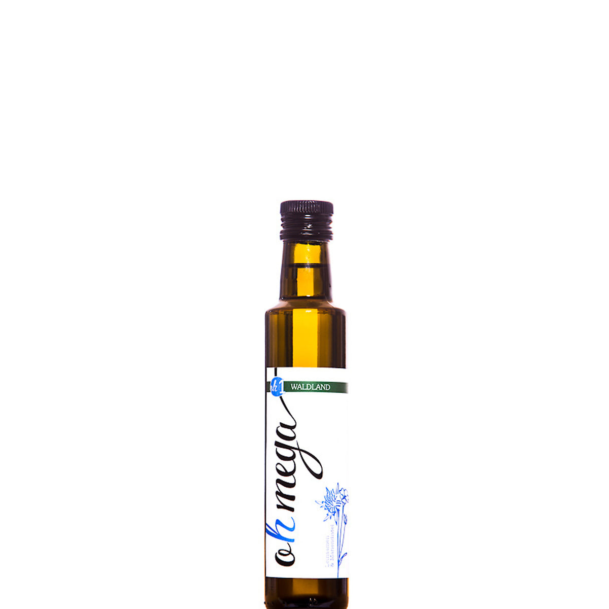 Dunkle Glasflasche befuellt mit kaltgepresstem Ohmega Oel. Die Oelmischung besteht aus Mariendistel Oel und Leinsamen Oel. Auf der Flasche befindet sich ein Produktetikett.