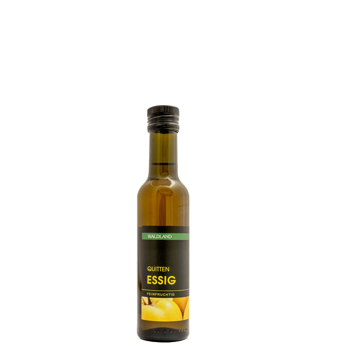 Dunkle Glasflasche befuellt mit Quittenessig. Auf der Flasche befindet sich ein Produktetikett.
